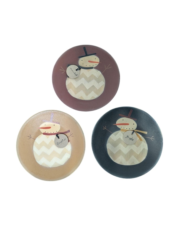 Folk Art Primitive Hand Painted  Snowman Decorative Plates  Michelle Kildow Set of 3