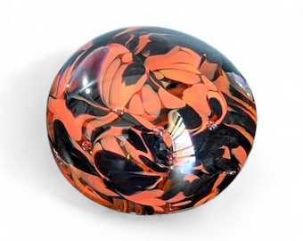 Vintage Art Glass Paperweight Orange and Black Swirl Controlled Bubble Hand Blown