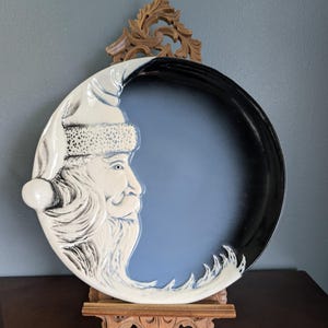Vintage Flat Earth Pottery Santa Crescent Moon Platter 1989 Ceramic Christmas Plate Raised Relief Holiday Decor