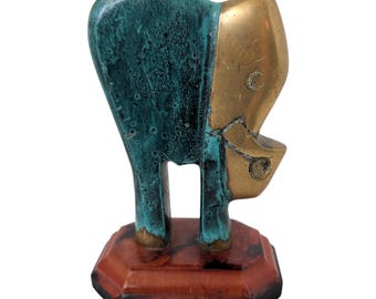 Vintage Modernist Brass Elephant Statue - Verdigris Patina Finish - Hollywood Regency Decor on Two-Tone Octagonal Base - 4.5" MCM Sculpture
