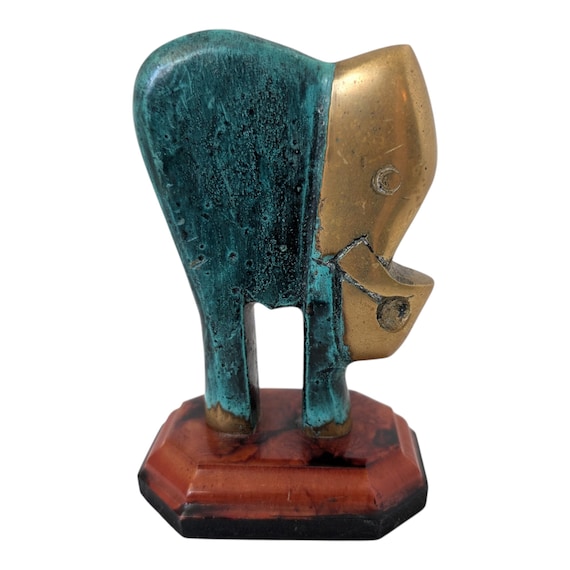 Vintage Modernist Brass Elephant Statue - Verdigris Patina Finish - Hollywood Regency Decor on Two-Tone Octagonal Base - 4.5" MCM Sculpture