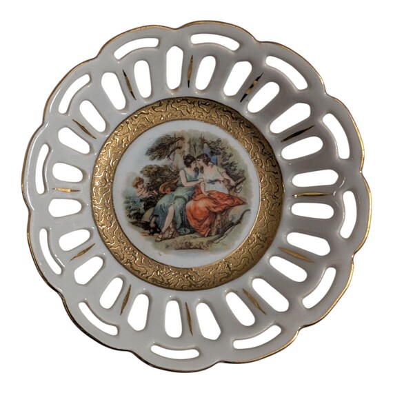 Antique German Martinroda Porcelain Ribbon Dish | Courting Scene | Pierced Trinket Dish