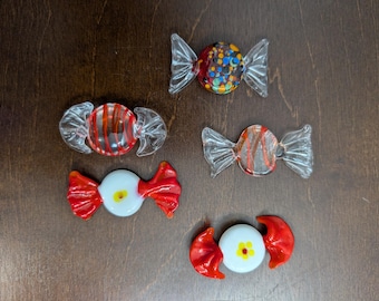 Vintage Murano Style Art Glass Candy Set of 5 - Mid Century Venetian Lampwork Sweets - Millefiori & Swirl Glass Decor - Blown Glass Bonbons
