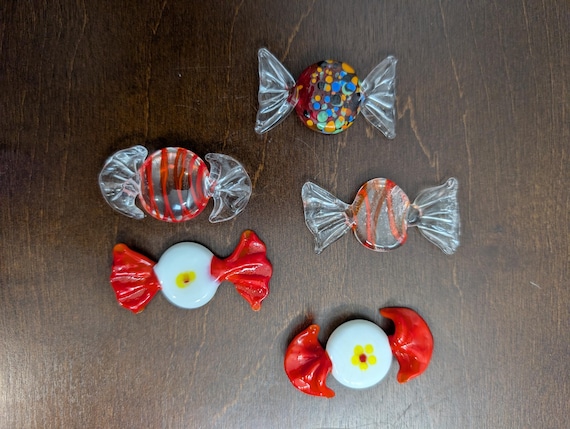 Vintage Murano Style Art Glass Candy Set of 5 - Mid Century Venetian Lampwork Sweets - Millefiori & Swirl Glass Decor - Blown Glass Bonbons