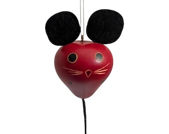 Handmade Gourd Mouse Ornament – Rustic Red Folk Art Christmas Decoration – Unique Wood Burned Animal Bauble