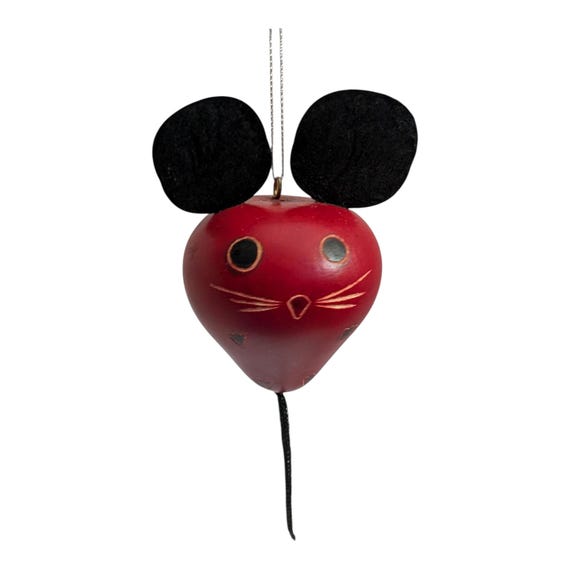 Handmade Gourd Mouse Ornament – Rustic Red Folk Art Christmas Decoration – Unique Wood Burned Animal Bauble