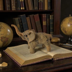 Vintage Made in Philippines Elephant Figurine | Crushed Oyster Shell Composite | Lucky Trunk Up | Natural Boho Decor | Faux Marble Stone