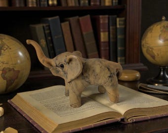 Vintage Made in Philippines Elephant Figurine | Crushed Oyster Shell Composite | Lucky Trunk Up | Natural Boho Decor | Faux Marble Stone