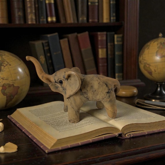 Vintage Made in Philippines Elephant Figurine | Crushed Oyster Shell Composite | Lucky Trunk Up | Natural Boho Decor | Faux Marble Stone