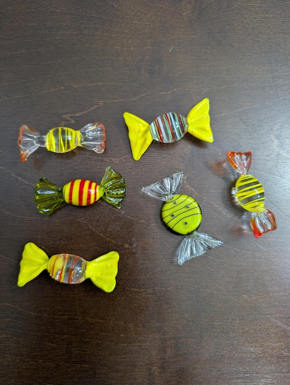Mini Blown Glass Candy Set, Yellow Art Glass Bonbons