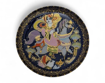 Bjorn Wiinblad Rosenthal Aladdin Plate Motif IX | Vintage Cobalt Blue & Gold Porcelain Wall Art | Aladdin Rides to the Sultan