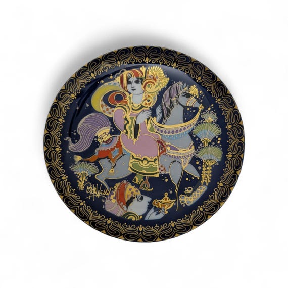 Bjorn Wiinblad Rosenthal Aladdin Plate Motif IX | Vintage Cobalt Blue & Gold Porcelain Wall Art | Aladdin Rides to the Sultan