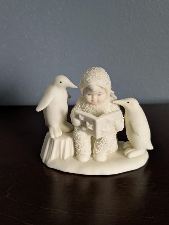 Vintage Dept 56 Snowbabies "Read Me a Story" Figurine - Retired 1990s Winter Tales - Bisque Porcelain Child Reading to Penguins