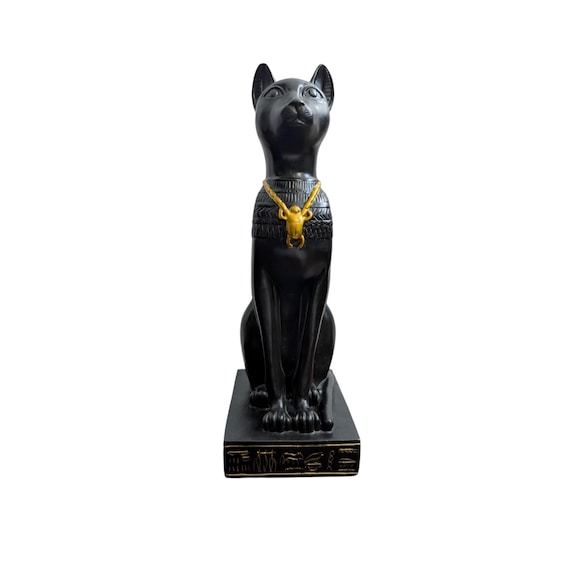 Vintage Egyptian Bastet Cat Statue - Black & Gold Goddess Figurine with Hieroglyphic Base - Ancient Egypt Inspired Home Decor -  Cat Moms