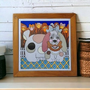 Gailstyn Sutton Framed Art Tile Retro Dog Art Tile Dog With Bow Kitschy Vintage Tile Art Gift for Dog Mom Wall Art Tile