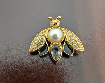 Vintage Swarovski Bee Brooch: Crystal & Pearl Gold Tone Insect Pin