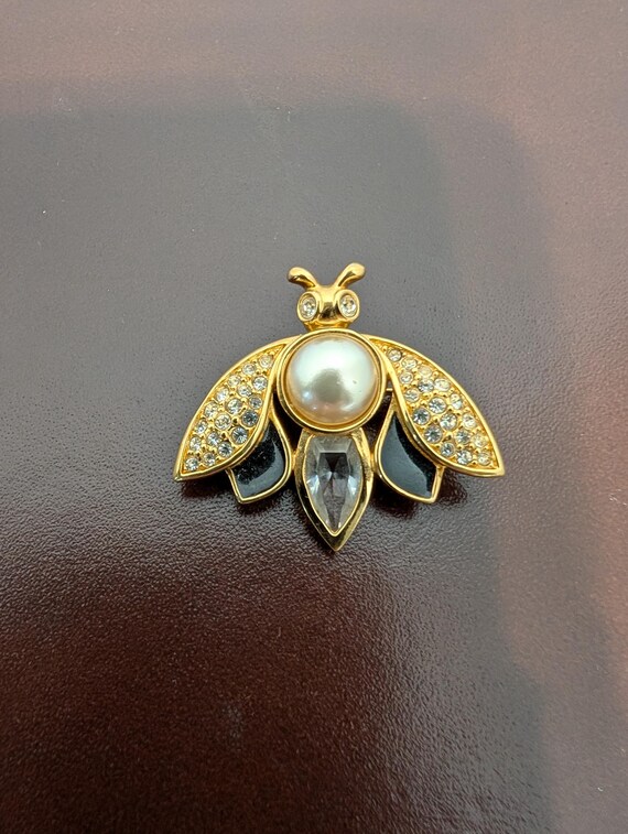 Vintage Swarovski Bee Brooch: Crystal & Pearl Gold Tone Insect Pin