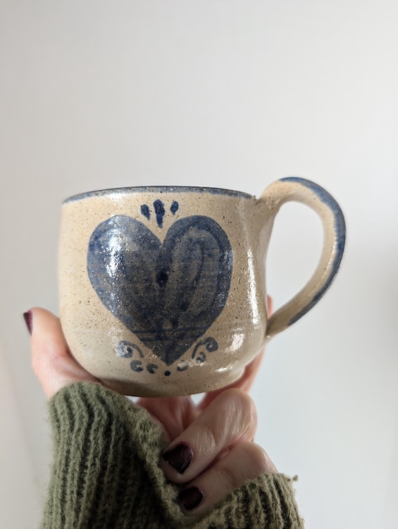 Vintage Signed Studio Pottery Mug - Speckled Stoneware with Cobalt Blue Heart - Hand-Thrown Folk Art Coffee Cup - Country Kitchen Decor