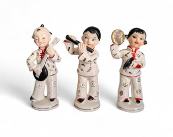 Vintage Set of 3 Musical Chinoiserie Figurines Mid Century Japan Gold Gilt
