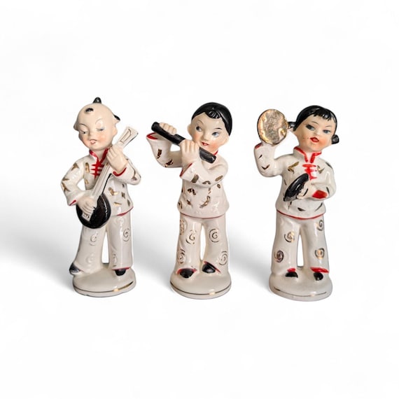 Vintage Set of 3 Musical Chinoiserie Figurines Mid Century Japan Gold Gilt