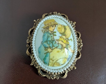 Vintage Eggshell Jewelry Brooch by B.B. – Hand-Painted Victorian Children Illustration – Mid-Century Folk Art Pendant/Pin