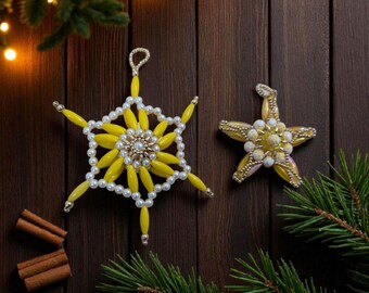 Vintage Beaded Christmas Star Ornaments - Yellow & Gold, Set of 2
