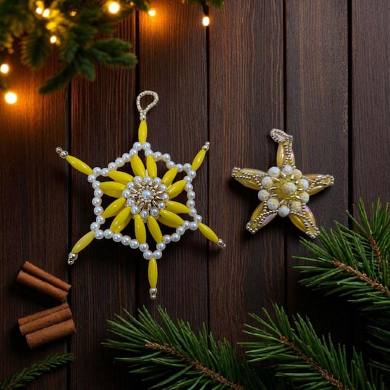 Vintage Beaded Christmas Star Ornaments - Yellow & Gold, Set of 2