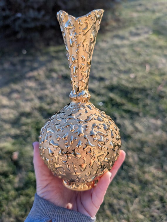 Vintage 22K Weeping Gold Bud Vase by Gold Craft - Mid Century Modern Hollywood Regency Decor - Hand Decorated 1950s Textured Decor