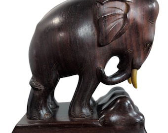 Mid-Century Hand-Carved Ebony Wood Elephant Sculpture