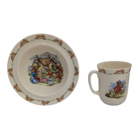 Vintage Royal Doulton Bunnykins Set - Nursery Bowl and Mug - English Fine Bone China - Barbara Vernon Illustrations - Christening Gift