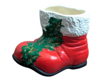 Mini Ceramic Santa Boot - Hand-Painted Christmas Decor - Tiny Holiday Home Accent-