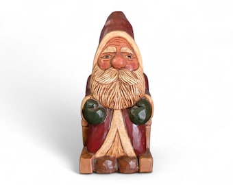 Hand Carved Wood Primitive Santa in Rocking Chair- Artist Signed Folk Art - Rustic Father Christmas Figure