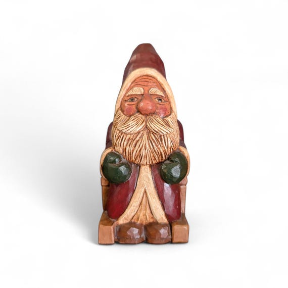 Hand Carved Wood Primitive Santa in Rocking Chair- Artist Signed Folk Art - Rustic Father Christmas Figure
