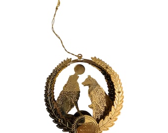 Vintage 2000 Defenders of Wildlife Ornament - Gold Brass Wolf Pack - Howling Wolves & Moon - Y2K Nature Lover Christmas Gift - Animal Decor