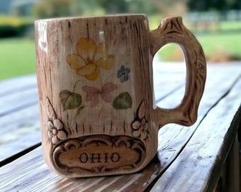 Vintage Treasure Craft Ohio Mug - 1960s Faux Wood Grai Stein - Rustic Cabin Decor Floral Souvenir Cup - Mid Century California Pottery