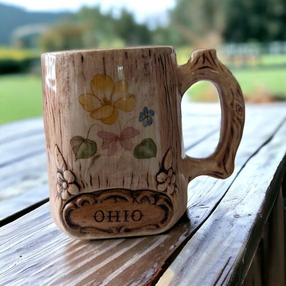 Vintage Treasure Craft Ohio Mug - 1960s Faux Wood Grai Stein - Rustic Cabin Decor Floral Souvenir Cup - Mid Century California Pottery