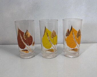 Set of 3 Vintage Federal Glass Highball Glasses - Mid Century Modern Gold Leaf Tumblers - Earthy Vibrancy 2026 Decor - Atomic Leaf Barware