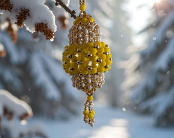 Vintage Beaded Christmas Chandelier Ornament: Yellow & Gold Sparkle