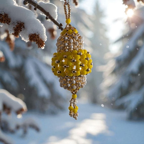Vintage Beaded Christmas Chandelier Ornament: Yellow & Gold Sparkle