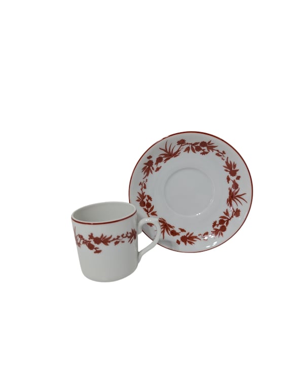 Vista Alegre Portugal Demitasse Cup and Saucer Goa Pattern Rust Red Floral Vintage Espresso Set Discontinued China Replacement