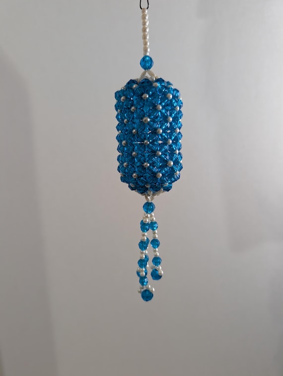 Vintage Beaded Christmas Chandelier Ornament: Blue & Pearl Sparkle