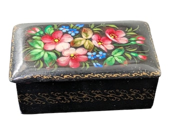 Vintage Hand-Painted Black Lacquer Floral Box