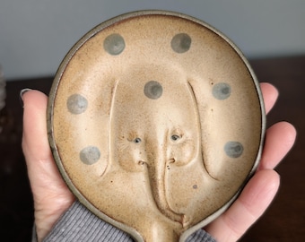 Vintage Studio Pottery Elephant Spoon Rest | Handcrafted Stoneware Tea Bag Holder with Blue Polka Dots |  Whimsical Animal Trinket Dish