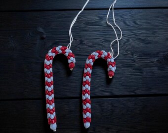 Vintage Beaded Candy Cane Ornaments - Traditional Christmas- Red and Gray -Set of 2