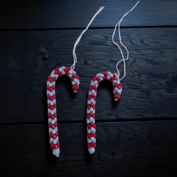 Vintage Beaded Candy Cane Ornaments - Traditional Christmas- Red and Gray -Set of 2