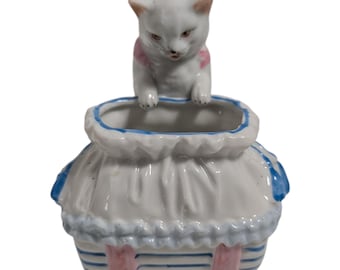 Vintage Mid Century Cat With Basket - Anthropomorphic White Kitten with Baby Bassinet -Pink and Blue - Nursery Decor or Trinket Dish