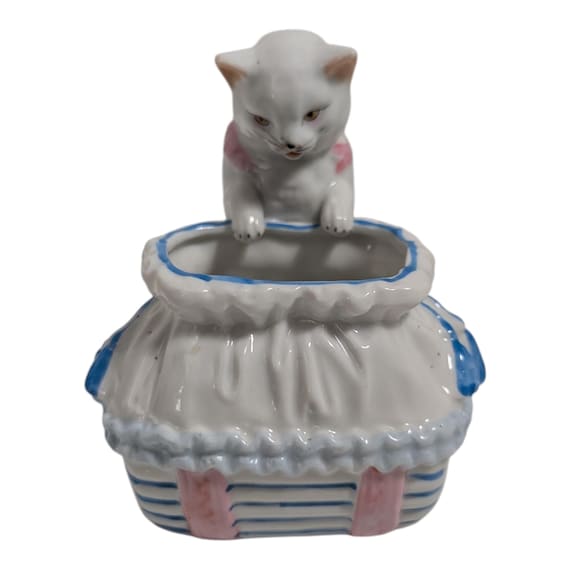 Vintage Mid Century Cat With Basket - Anthropomorphic White Kitten with Baby Bassinet -Pink and Blue - Nursery Decor or Trinket Dish