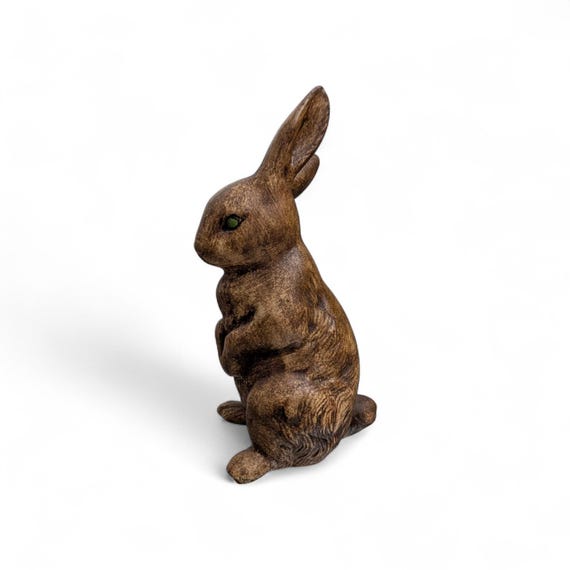 Vintage Textured Bunny Figurine - Rustic Brown Rabbit with Green Eyes - Hand Painted Spring Decor - Standing Ceramic Hare - Woodland Animal