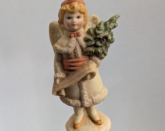 Vintage 1985 Schmid B. Shackman Porcelain Angel Ornament - Cherub with Christmas Tree & Scroll - Victorian Style Holiday Decor
