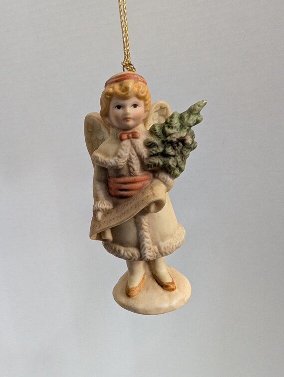 Vintage 1985 Schmid B. Shackman Porcelain Angel Ornament - Cherub with Christmas Tree & Scroll - Victorian Style Holiday Decor